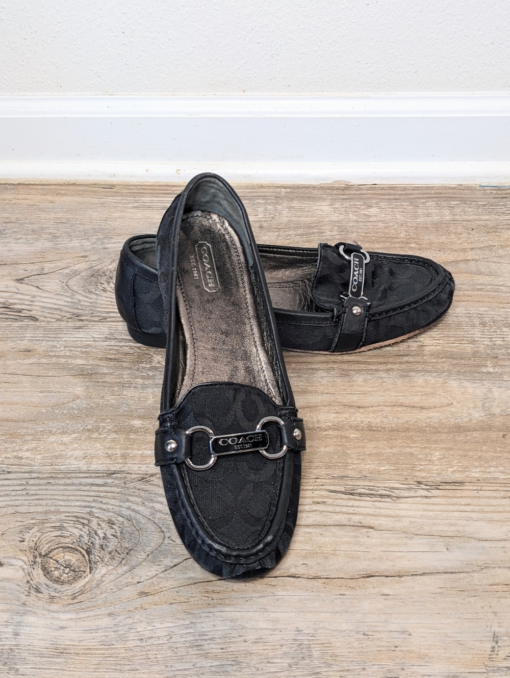 Coach Eileen Black Canvas Leather Monogram Slip On Loafers 8